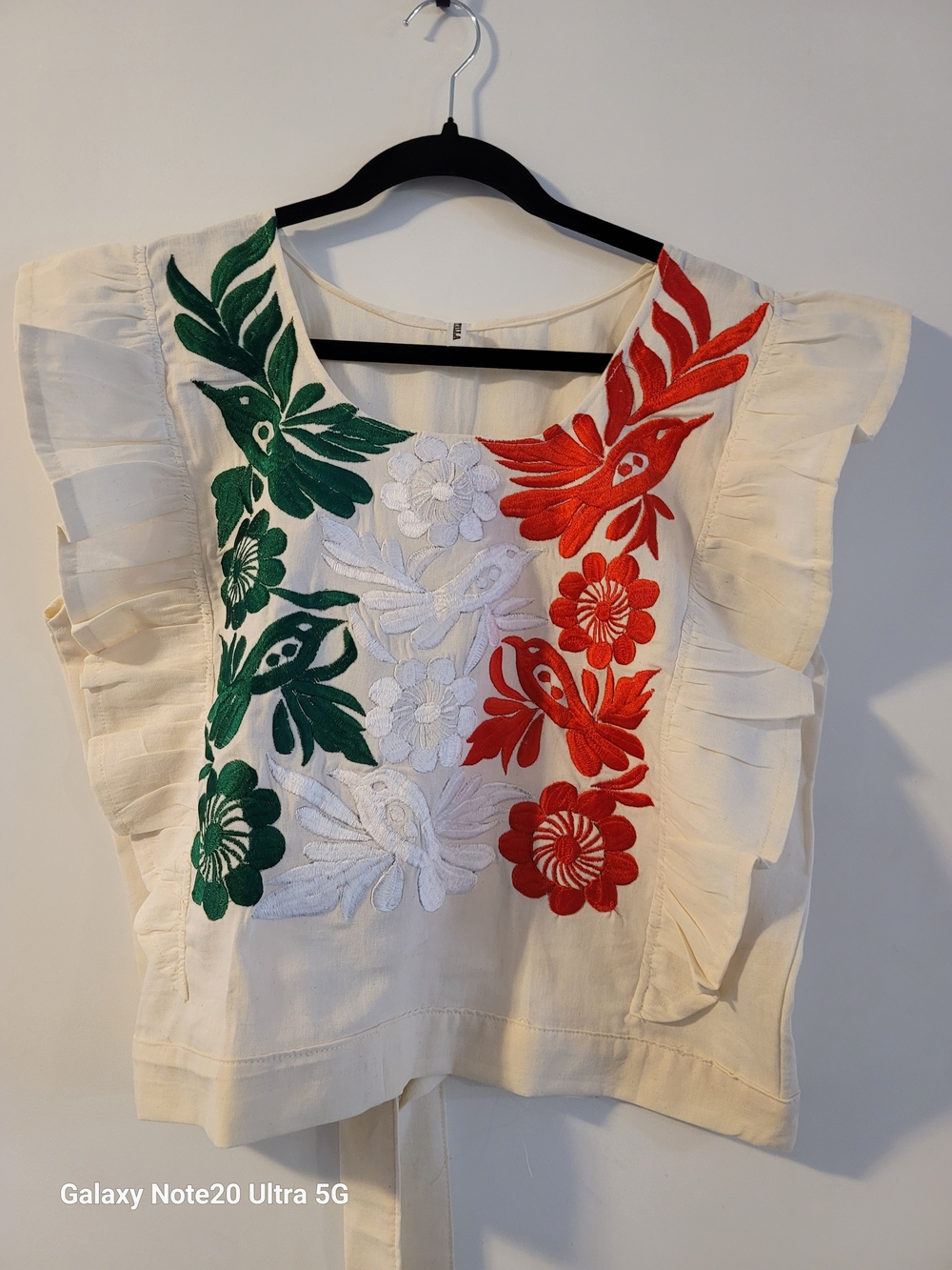 Embroidered Floral Ruffle Sleeve Women’s Top - Cream with Green & Red
